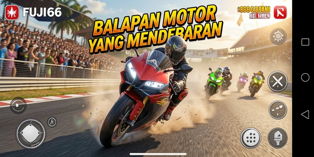 Tampilan gameplay seru dalam FUJI66 dengan motor balap cepat.