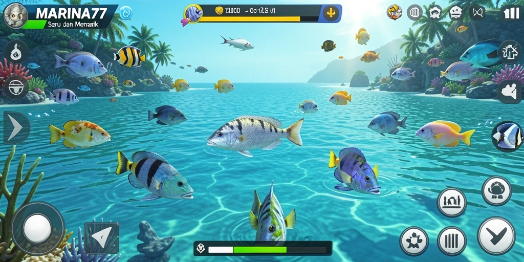 Screenshot gameplay MARINA77 yang menampilkan aksi menembak ikan.