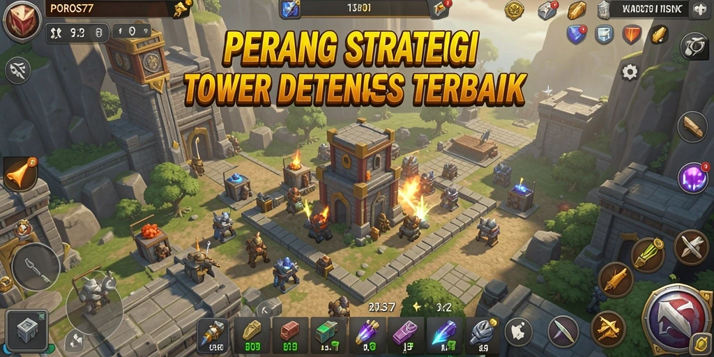 Tampilan gameplay POROS77 dengan strategi Tower Defense yang mendebarkan.
