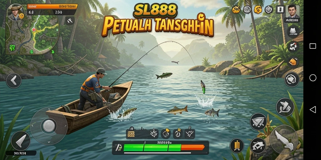 Screenshot gameplay SL888 menampilkan momen menangkap ikan yang mendebarkan.