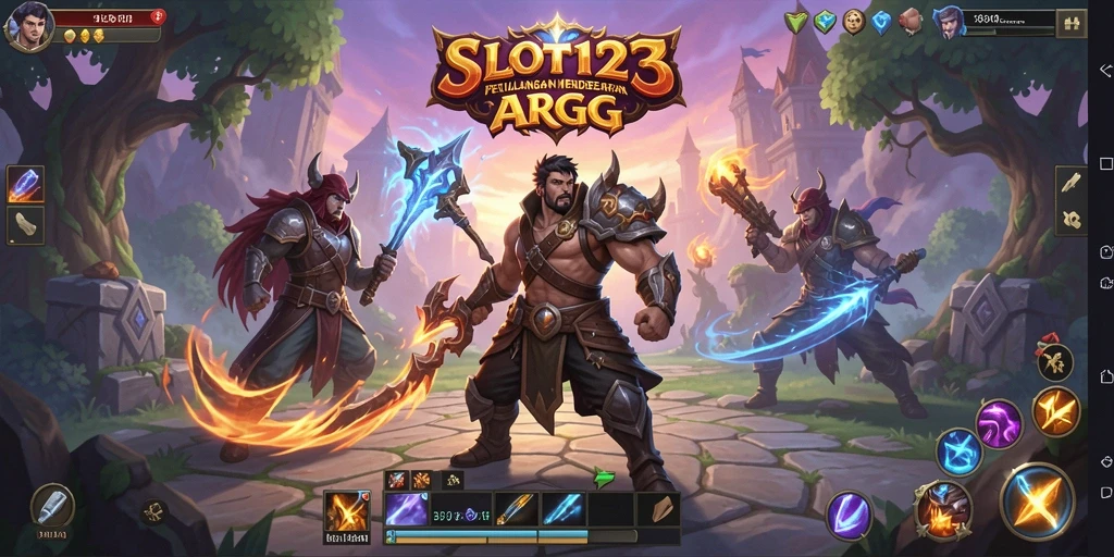 Tampilan gameplay SLOT123 yang epik dengan pertarungan ARPG melawan musuh.