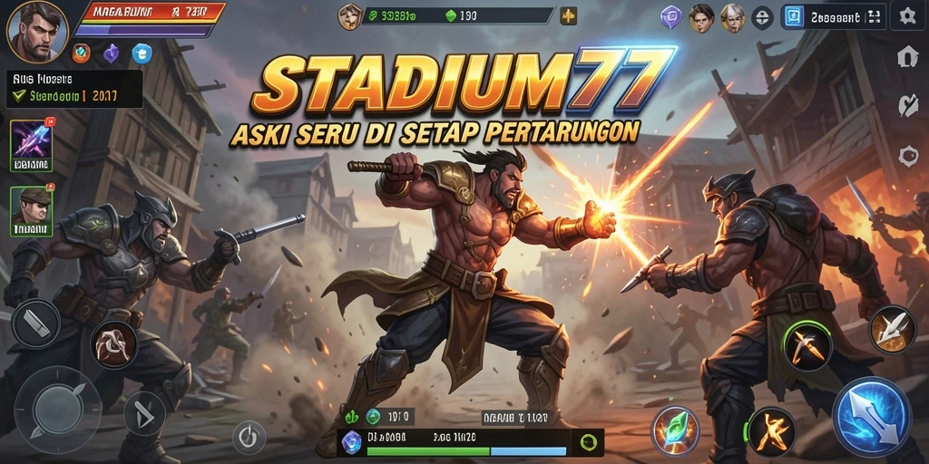 Screenshot menunjukkan pertarungan epik dalam STADIUM77.